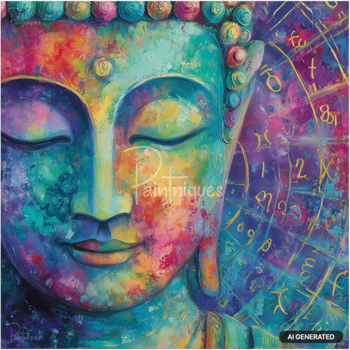 A vibrant, textured painting of a Buddha's face in blues, purples, and yellows, with golden astrological symbols.