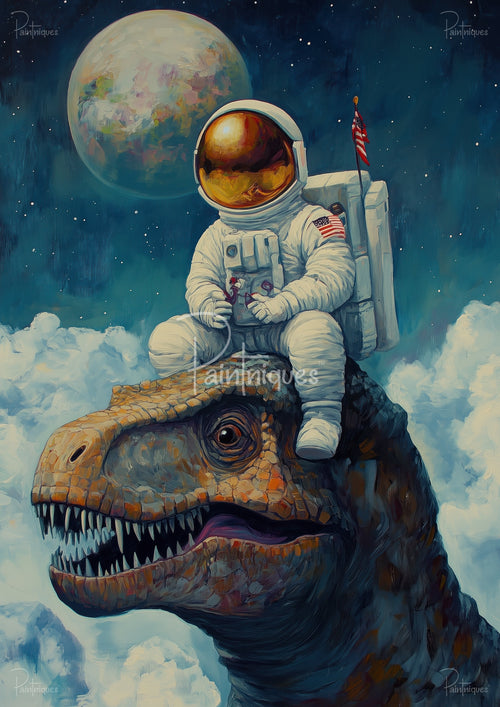 Astronaut in white suit with gold visor seated atop a roaring T. rex head, American flag patch, clouds and moonlit starry sky