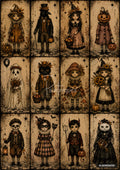 A grid of twelve vintage Halloween characters including witches, a ghost, cat, pumpkin, mushroom, skeleton, and devil.