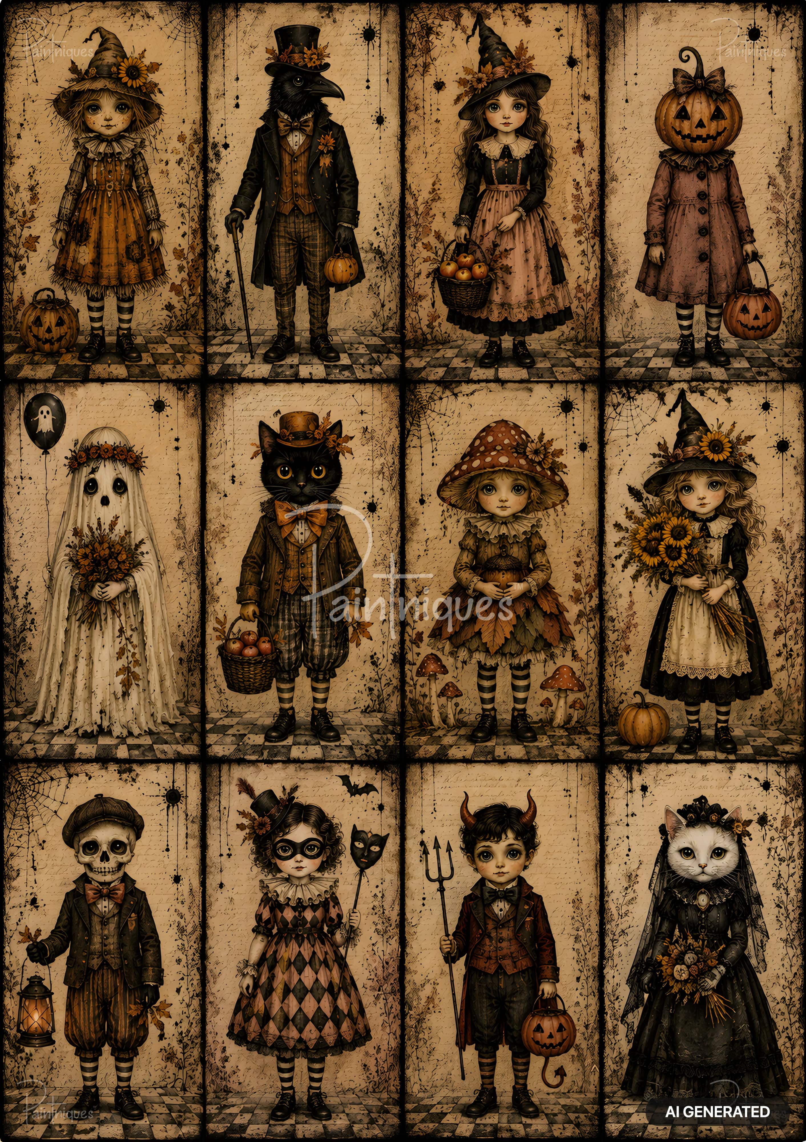 A grid of twelve vintage Halloween characters including witches, a ghost, cat, pumpkin, mushroom, skeleton, and devil.
