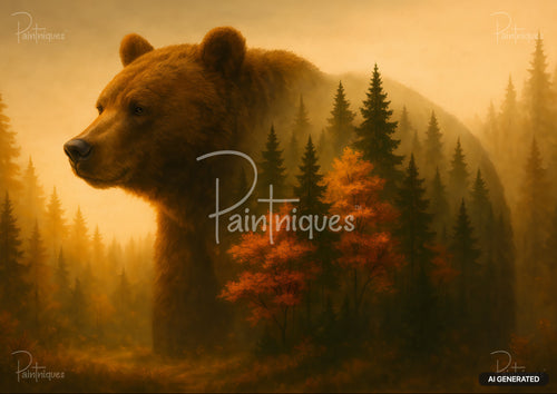 Brown bear half-hidden in an autumn forest with mist and tall, dark evergreen trees, under an orange sky.