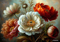 Artistic painting of large white, orange, and red flowers with green and brown leaves against a teal and golden background.