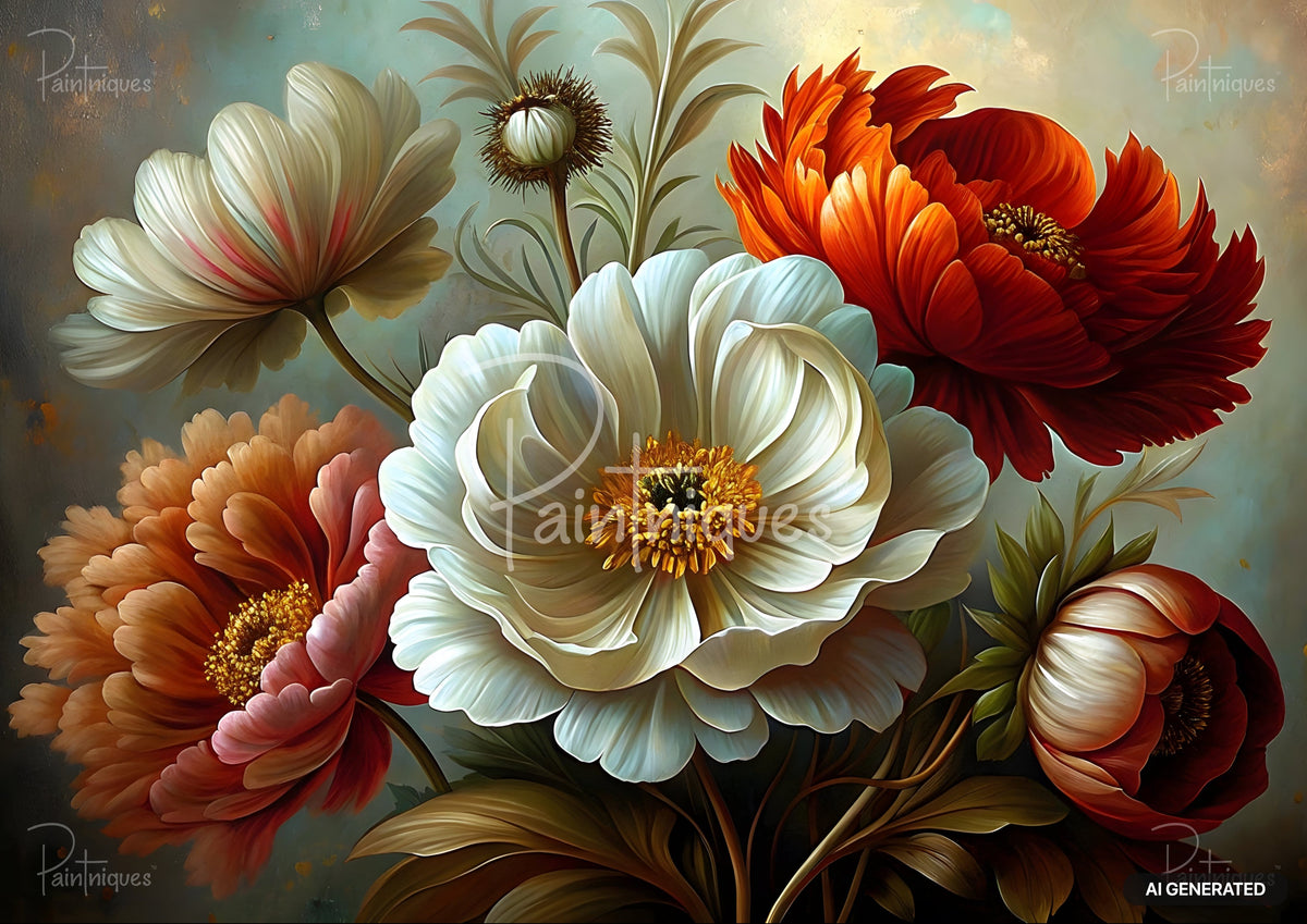 Artistic painting of large white, orange, and red flowers with green and brown leaves against a teal and golden background.