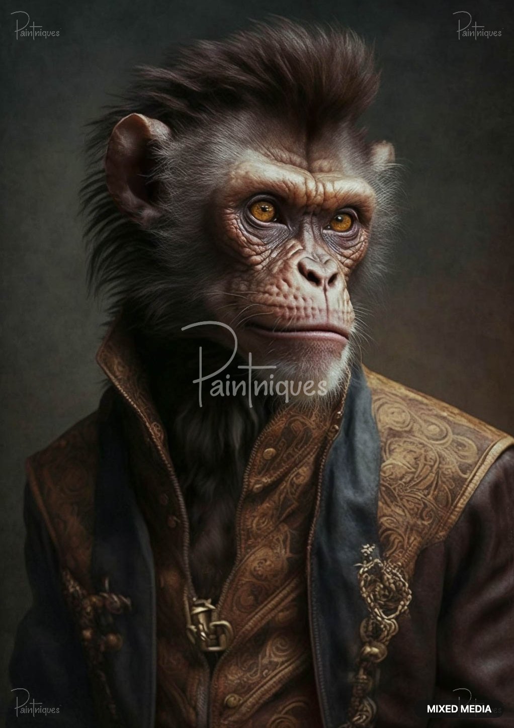 Stylized chimpanzee with brown fur, golden-orange eyes, wearing an ornate leather jacket over a dark blue garment.