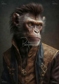 Lifelike ape portrait wearing ornate embroidered brown-gold coat, amber eyes, textured fur, three-quarter profile.