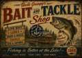Vintage sign showing a large leaping bass beside a lakeside bait shop and a hanging wooden board listing live bait, lures, rods, tackle and ice & drinks.