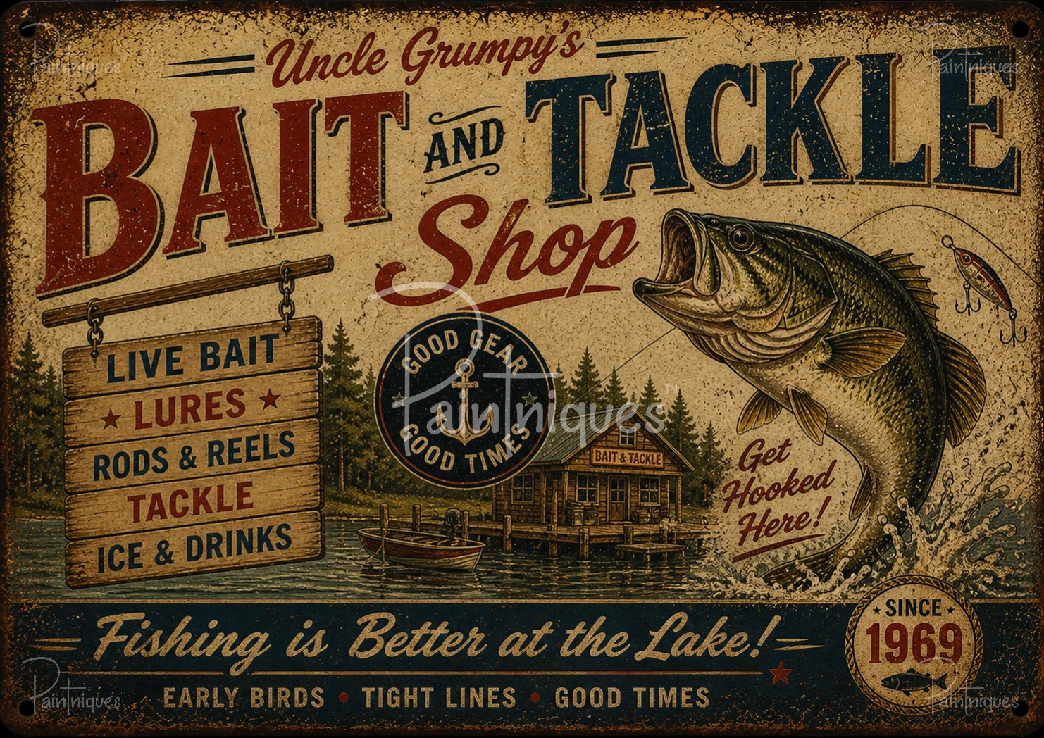 Vintage sign showing a large leaping bass beside a lakeside bait shop and a hanging wooden board listing live bait, lures, rods, tackle and ice & drinks.