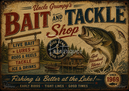 Vintage sign showing a large leaping bass beside a lakeside bait shop and a hanging wooden board listing live bait, lures, rods, tackle and ice & drinks.