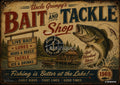 A vintage-style fishing sign with a jumping bass, a lake surrounded by pines, a bait shop, and a boat.