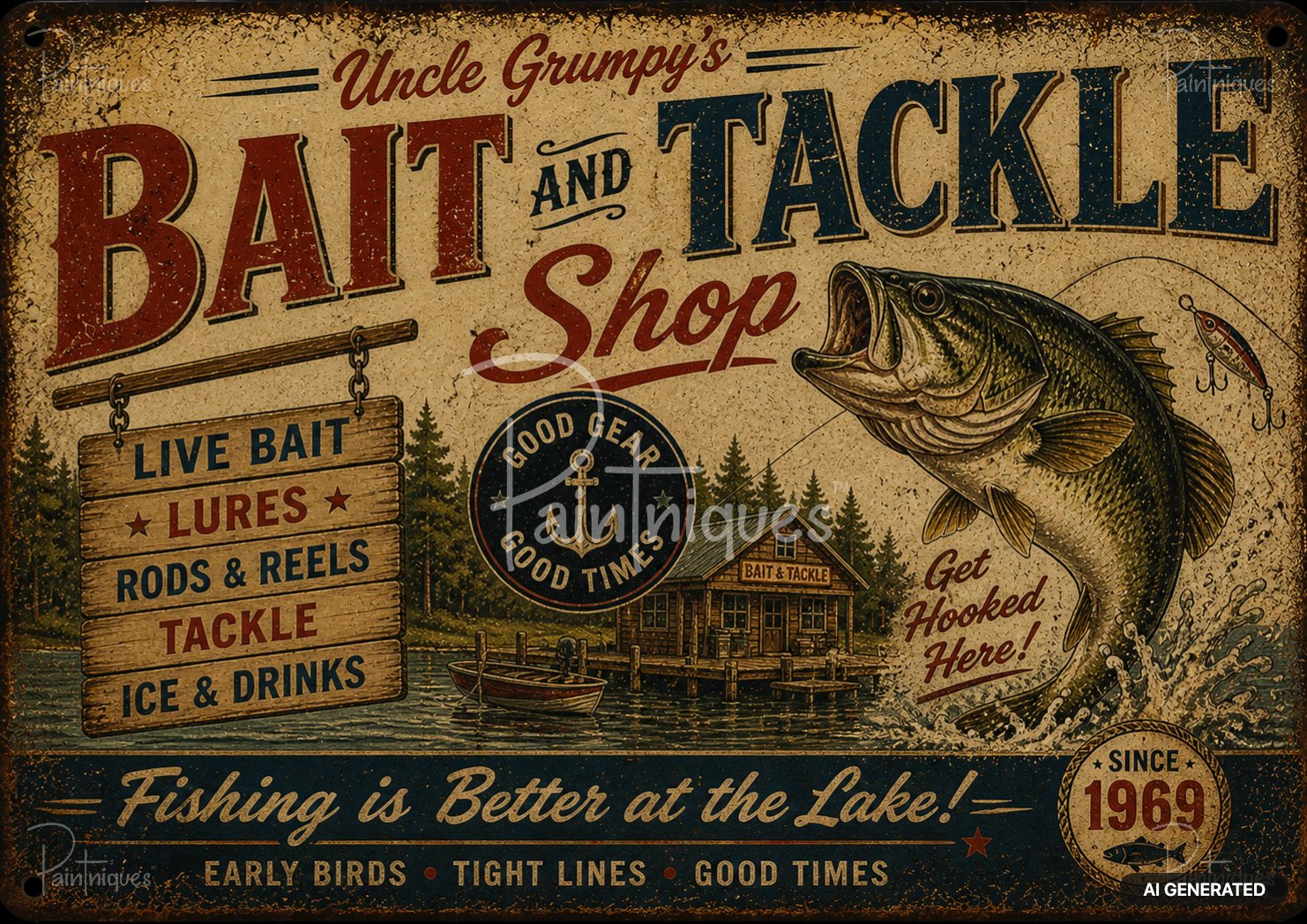 A vintage-style fishing sign with a jumping bass, a lake surrounded by pines, a bait shop, and a boat.
