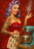 Pin-up woman with purple hair, tattoos, and gingerbread apron sprinkling flour beside a teal stand mixer.