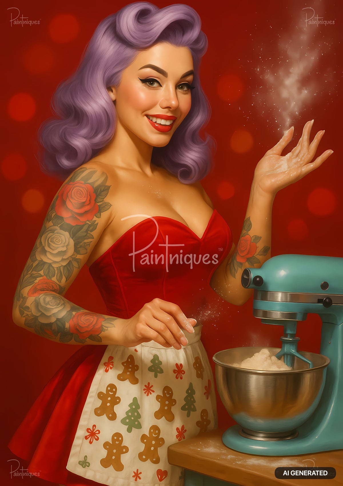 Pin-up woman with purple hair, tattoos, and gingerbread apron sprinkling flour beside a teal stand mixer.