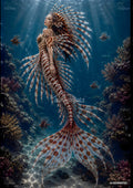 A mermaid with lionfish-like fins and tail swims in clear blue water surrounded by coral and small lionfish.