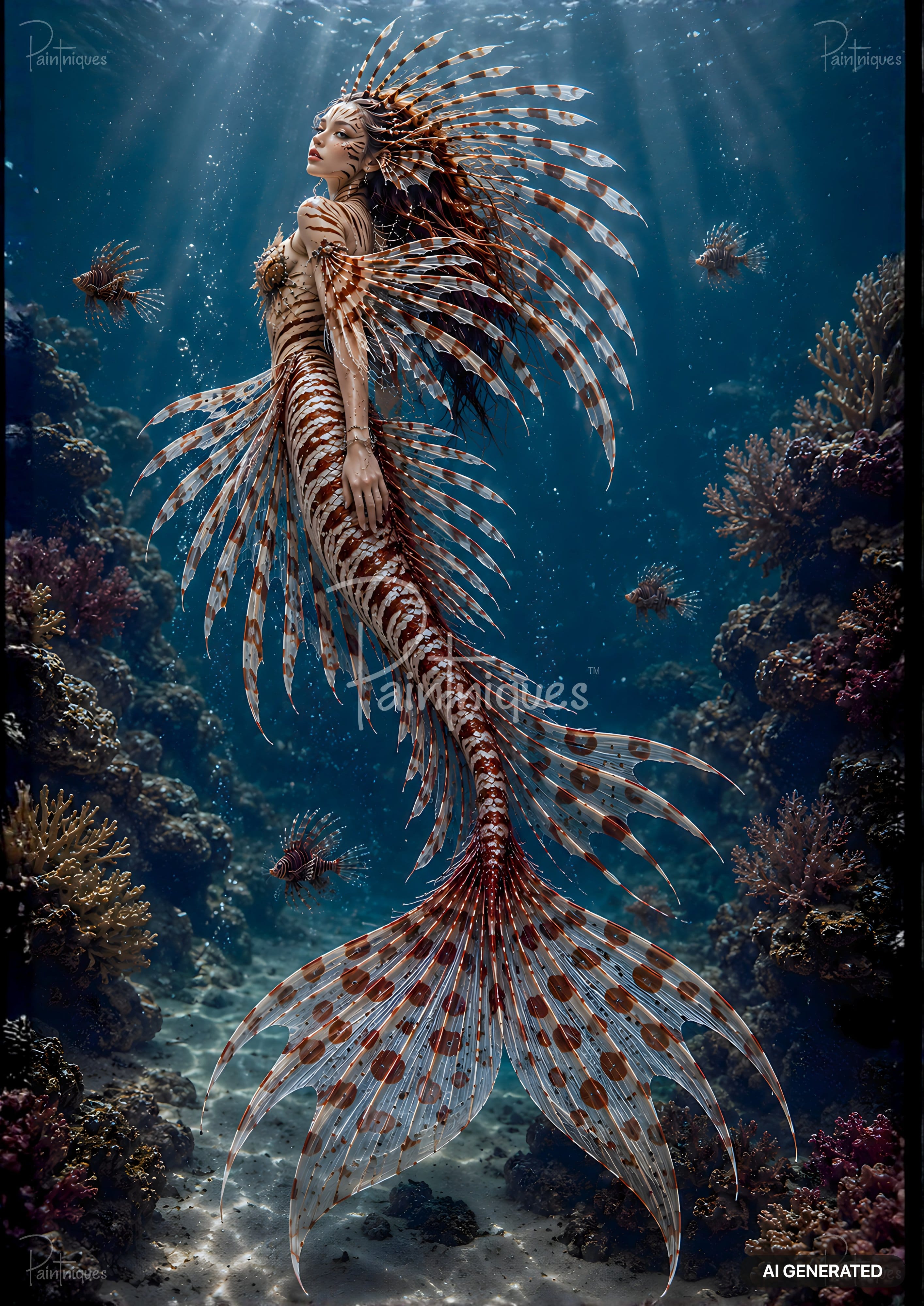 A mermaid with lionfish-like fins and tail swims in clear blue water surrounded by coral and small lionfish.