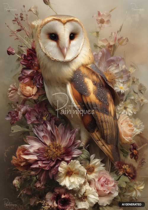 A barn owl with dark eyes and tan, white, and brown feathers, nestled among a bouquet of pink, peach, and purple flowers.