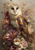 Barn owl with heart-shaped face amid layered pink, cream and burgundy flowers on a soft beige background