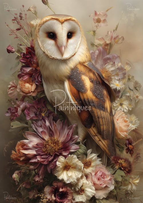 Barn owl with heart-shaped face amid layered pink, cream and burgundy flowers on a soft beige background