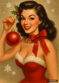 Vintage pin-up woman in a red Santa dress and neck bow holding a large red Christmas ornament.