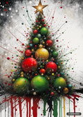 Christmas tree with large red, green, and gold baubles and a star topper, with dripping paint and splatters.