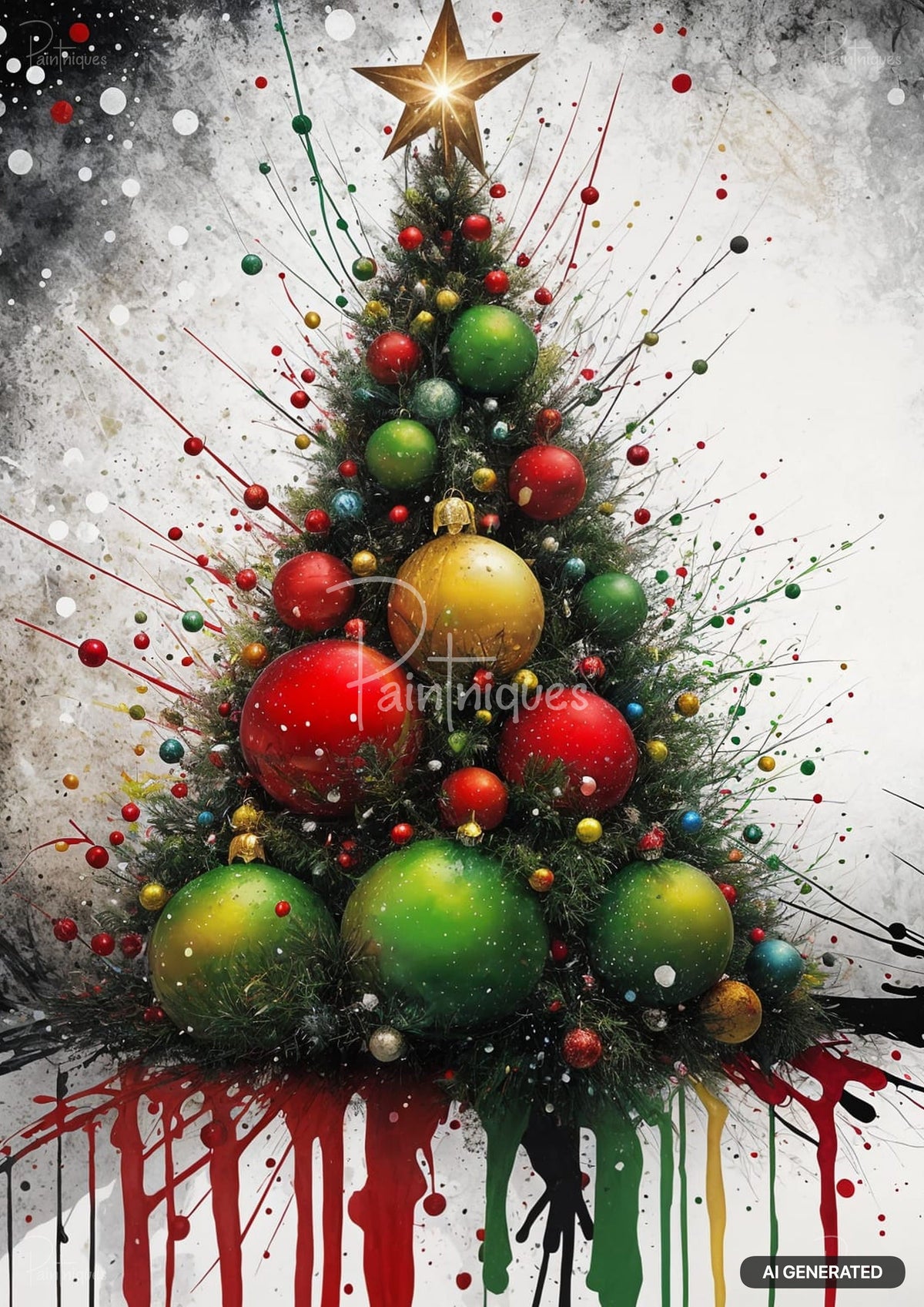 Christmas tree with large red, green, and gold baubles and a star topper, with dripping paint and splatters.