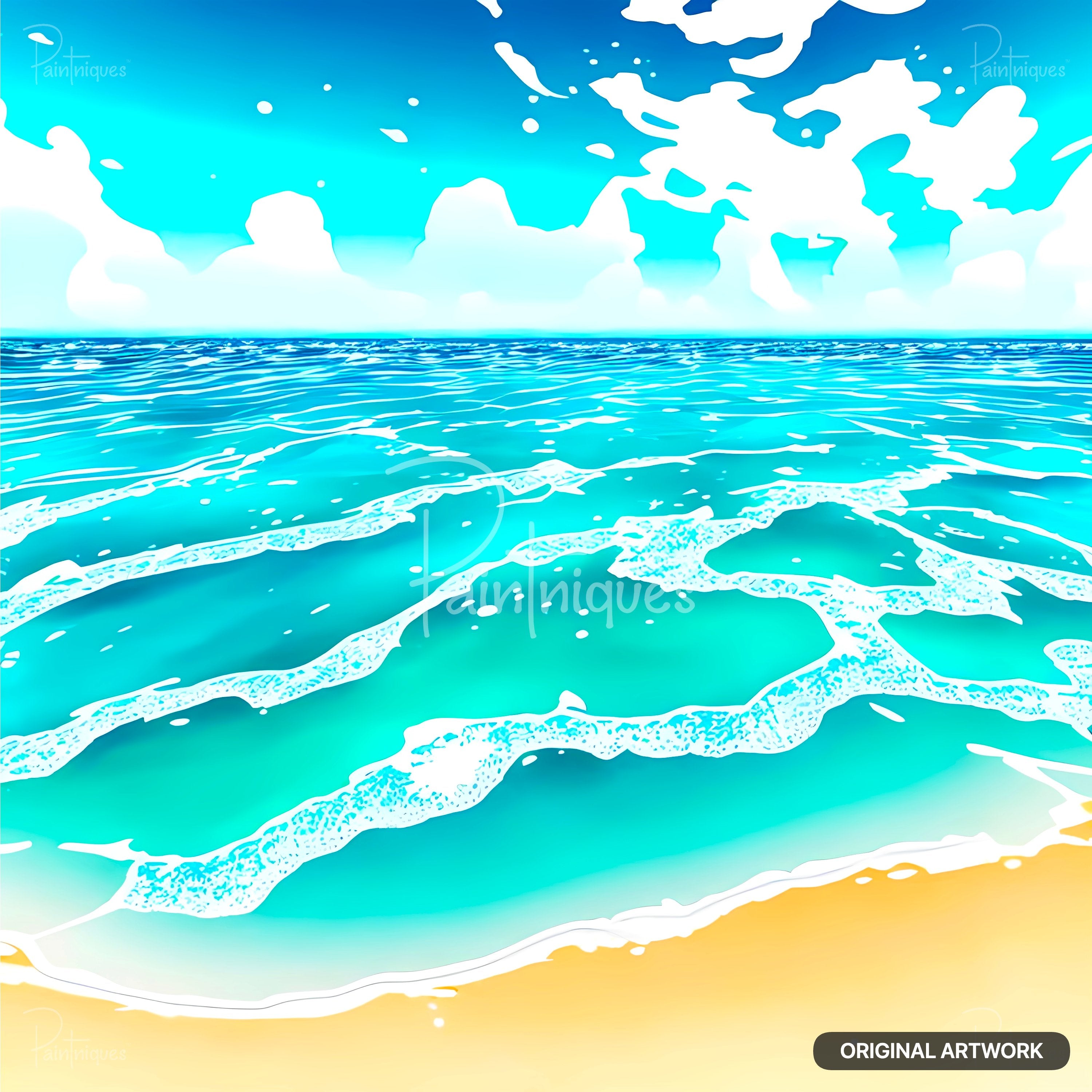Digital painting of a blue sky with white clouds over a tranquil ocean with turquoise waves washing onto a sandy beach.