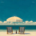 Painting of two striped beach chairs and an umbrella on a white sand beach facing a teal ocean under a blue sky.