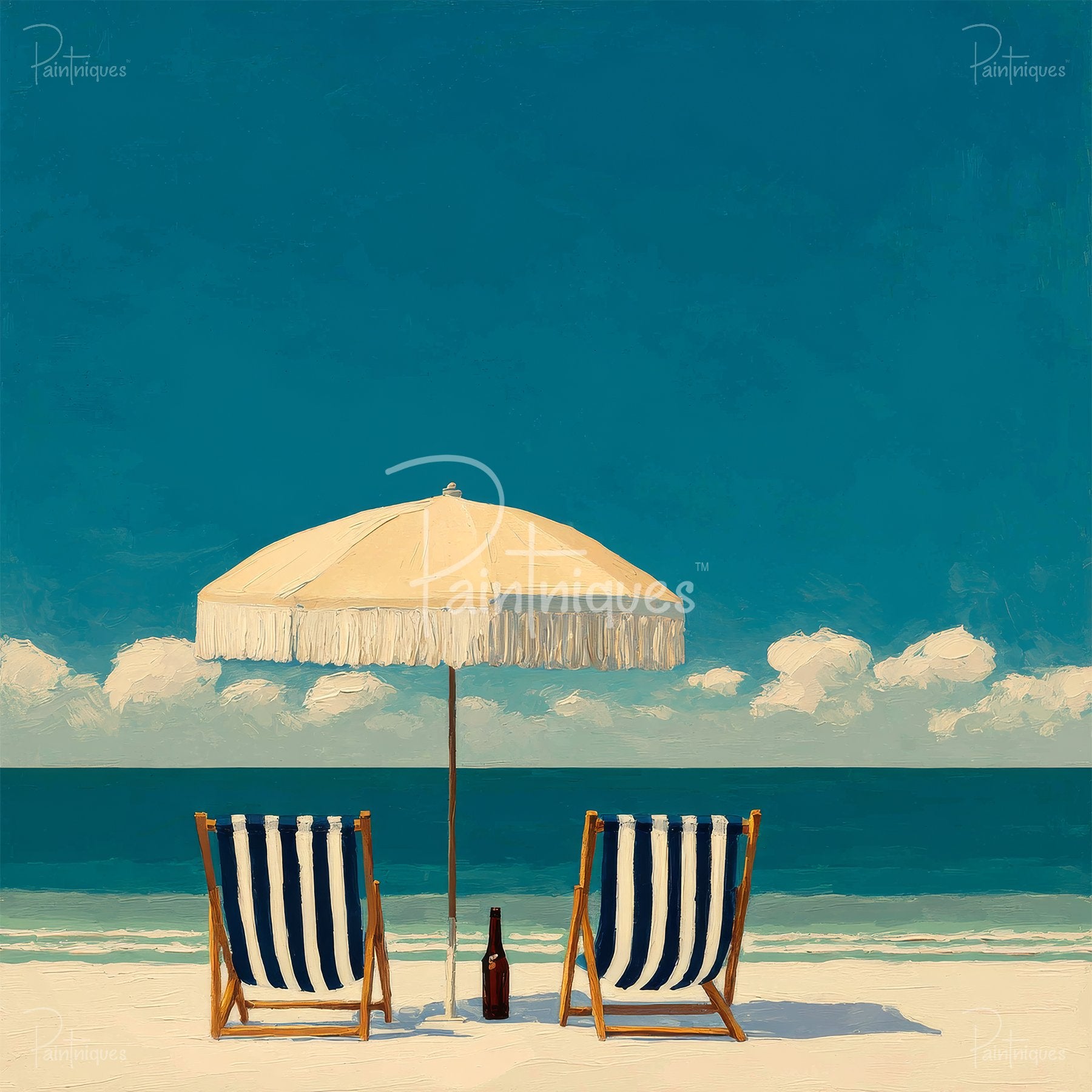Painting of two striped beach chairs and an umbrella on a white sand beach facing a teal ocean under a blue sky.
