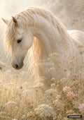 A white horse in a flowering field, its head lowered, surrounded by delicate white and pale pink blossoms.