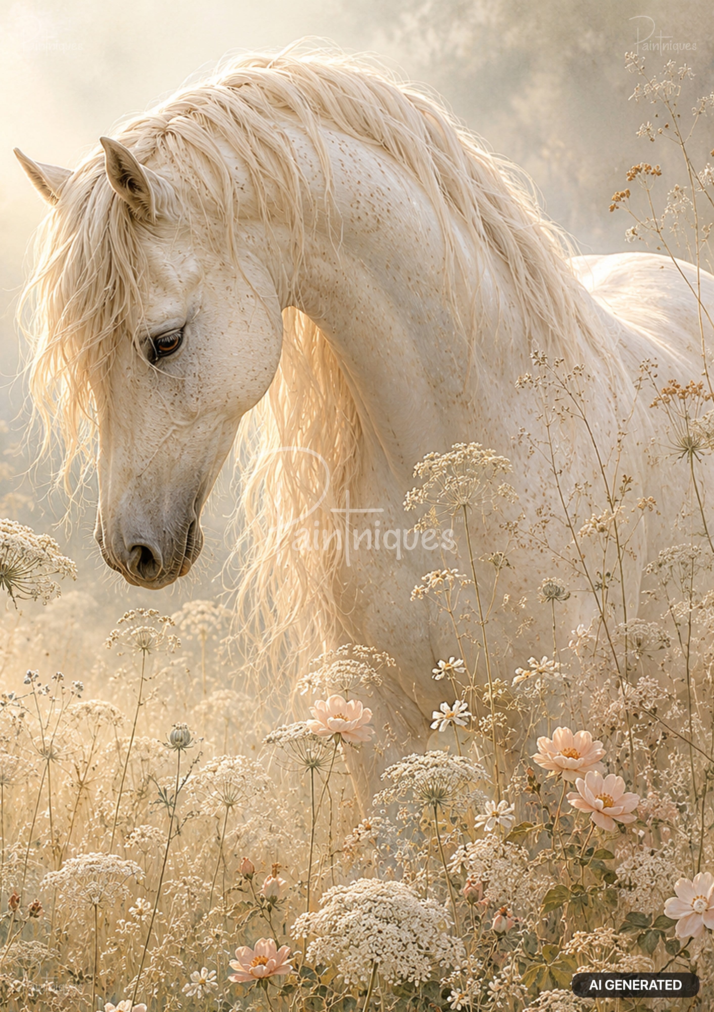 A white horse in a flowering field, its head lowered, surrounded by delicate white and pale pink blossoms.