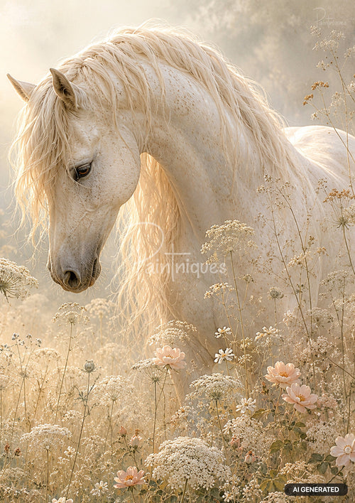 A white horse in a flowering field, its head lowered, surrounded by delicate white and pale pink blossoms.