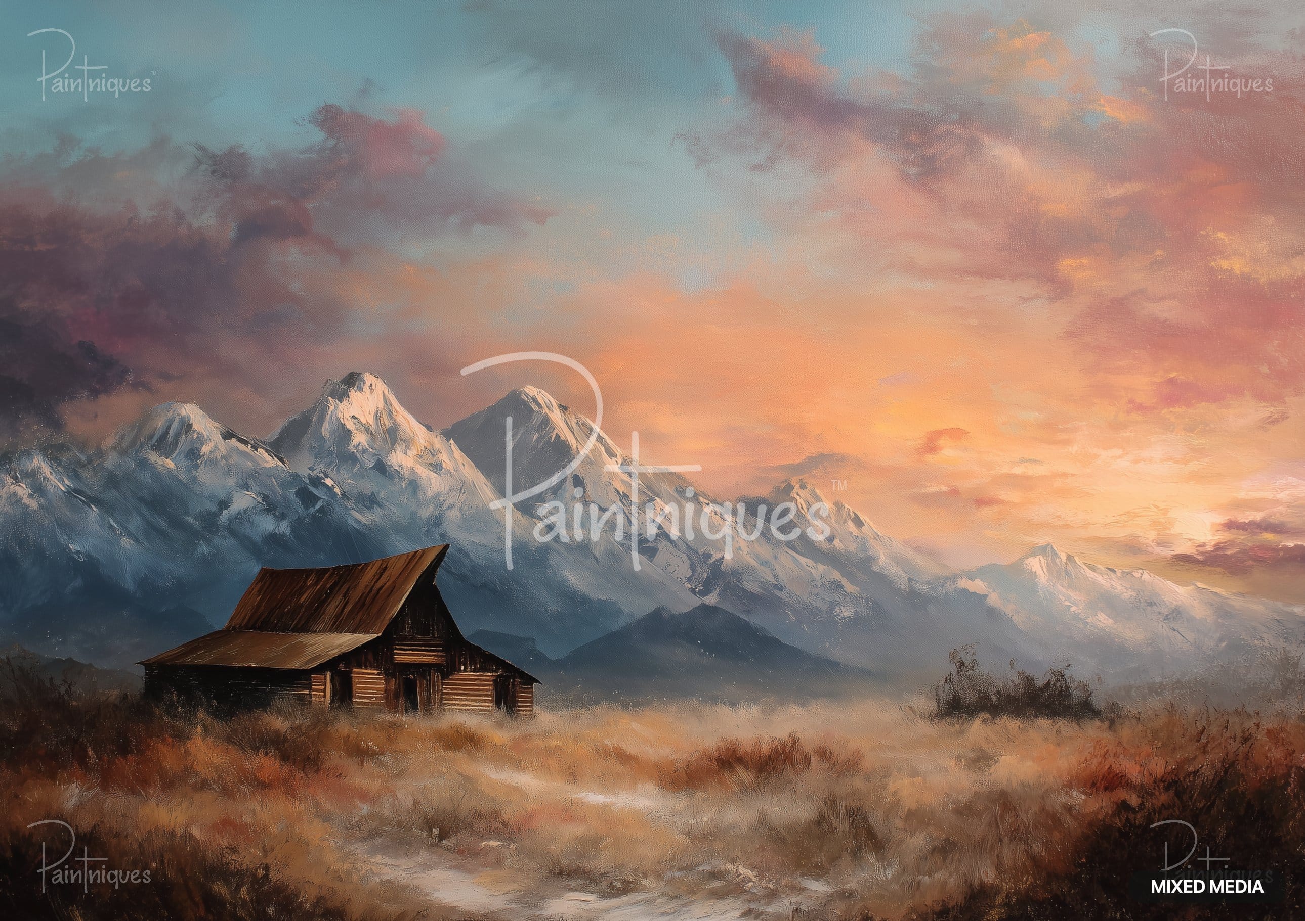 Painting of a rustic barn in a field of dry grass with snow-capped mountains in the background under a sunset sky.