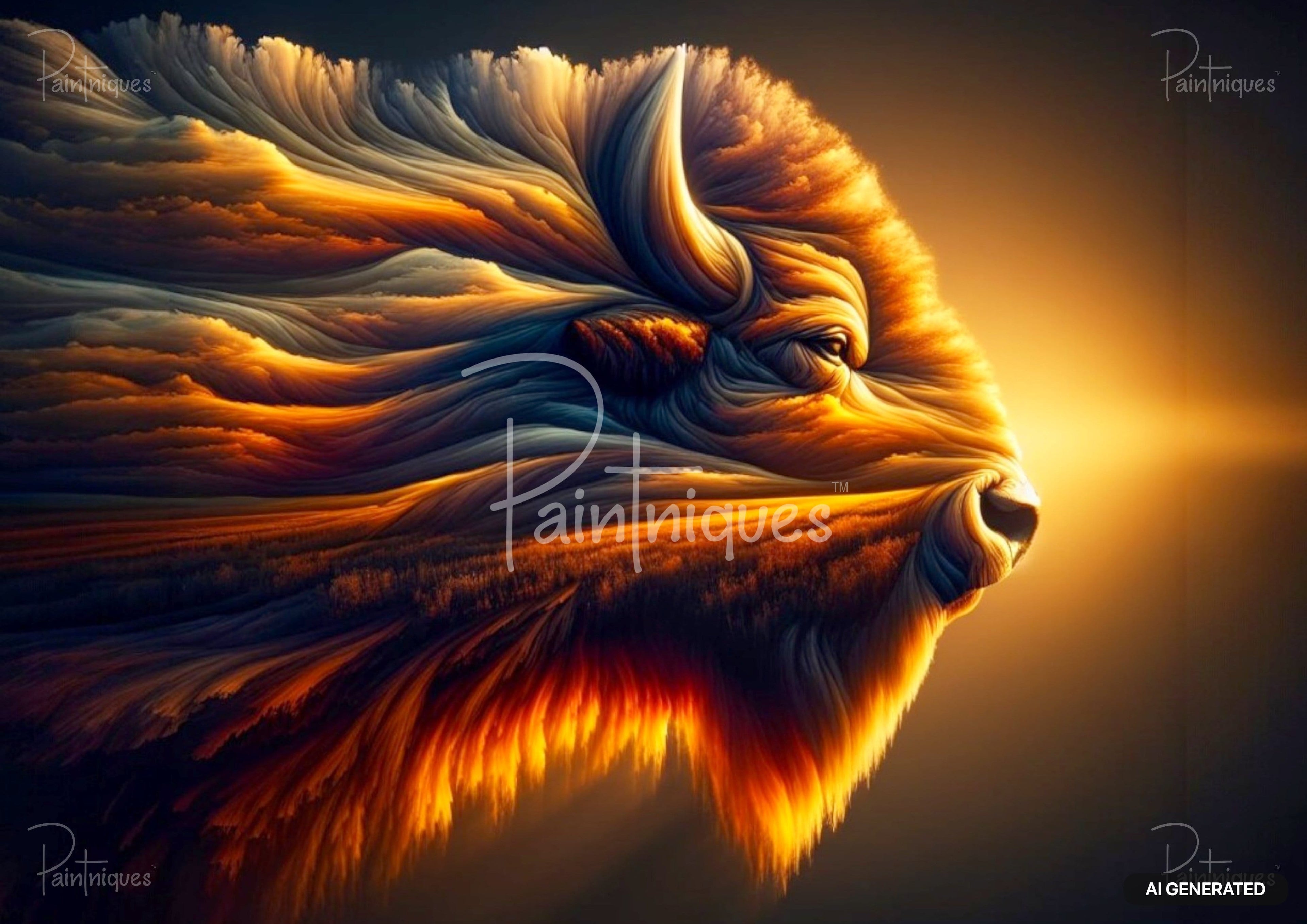 A vibrant bison head, facing right, with swirling fur in shades of orange, yellow, and deep blue against a glowing background.