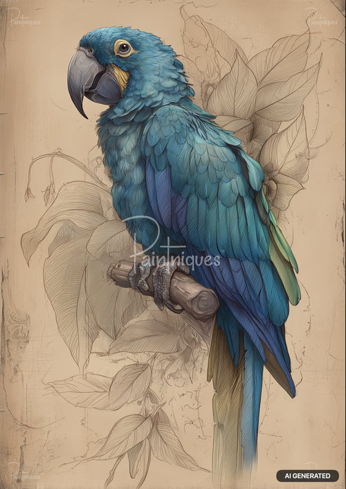 An illustration of a blue parrot with yellow accents and a dark beak, perched on a branch, with line art foliage.
