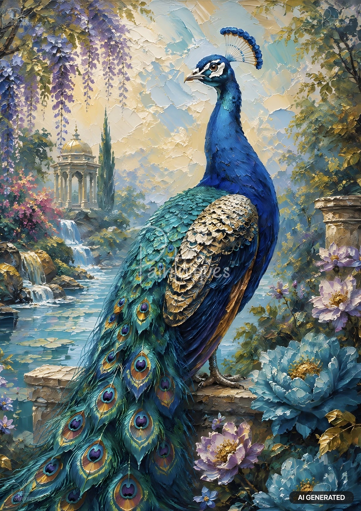 Impressionistic painting of a blue peacock in a lush garden with wisteria, waterfalls, a classical gazebo, and large flowers.