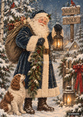 Painting of Santa Claus in a blue coat, holding a lantern, with a dog, in a snowy North Pole setting.