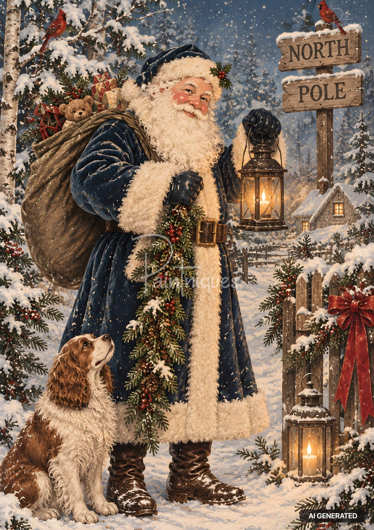 Painting of Santa Claus in a blue coat, holding a lantern, with a dog, in a snowy North Pole setting.