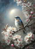A painting of a blue bird perched on a blossoming branch with white and pink flowers, under a bright sun or moon.