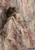 Textured painting of a person with dark hair, huddled with head down, wearing a layered light pink dress.