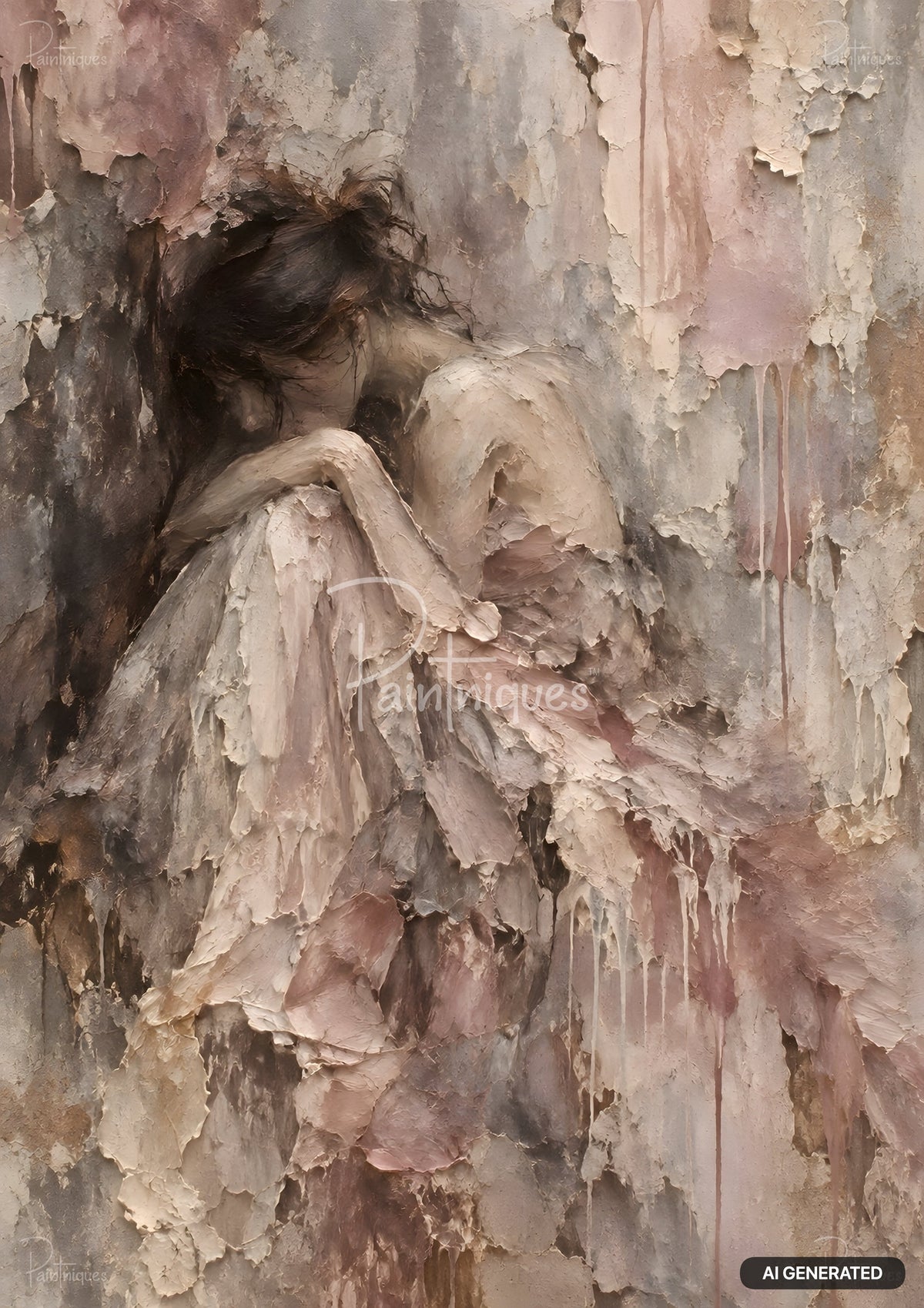 Textured painting of a person with dark hair, huddled with head down, wearing a layered light pink dress.