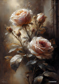 Oil painting of antique-style roses and buds in cream, peach, and muted red hues on a dark, textured background.