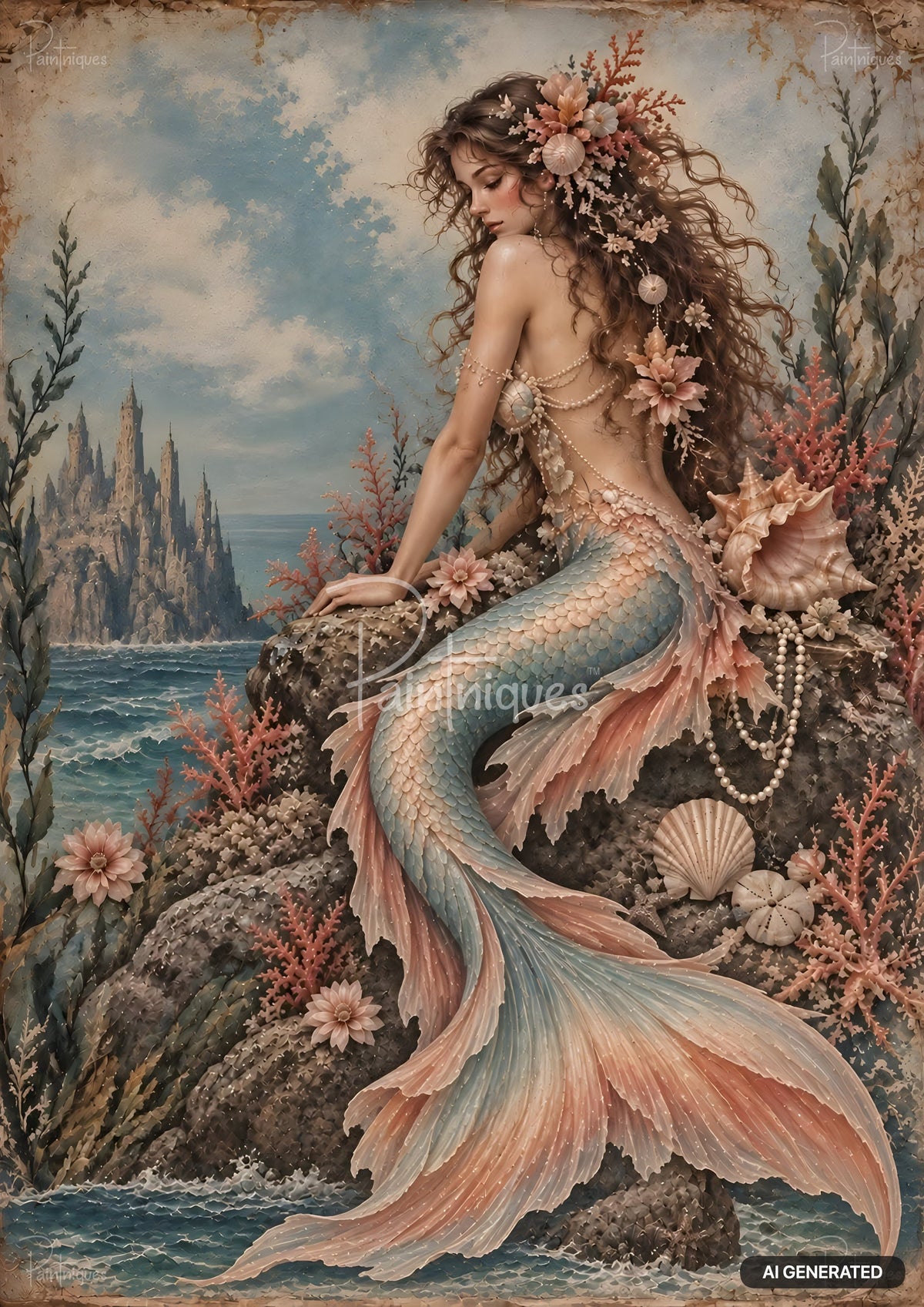 A mermaid with flowing brown hair adorned with coral and shells sits on rocks by the ocean, with a rocky island beyond.