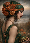 Woman in a green flapper cloche hat decorated with orange flowers, holding an ornate green box, by a sea shore.