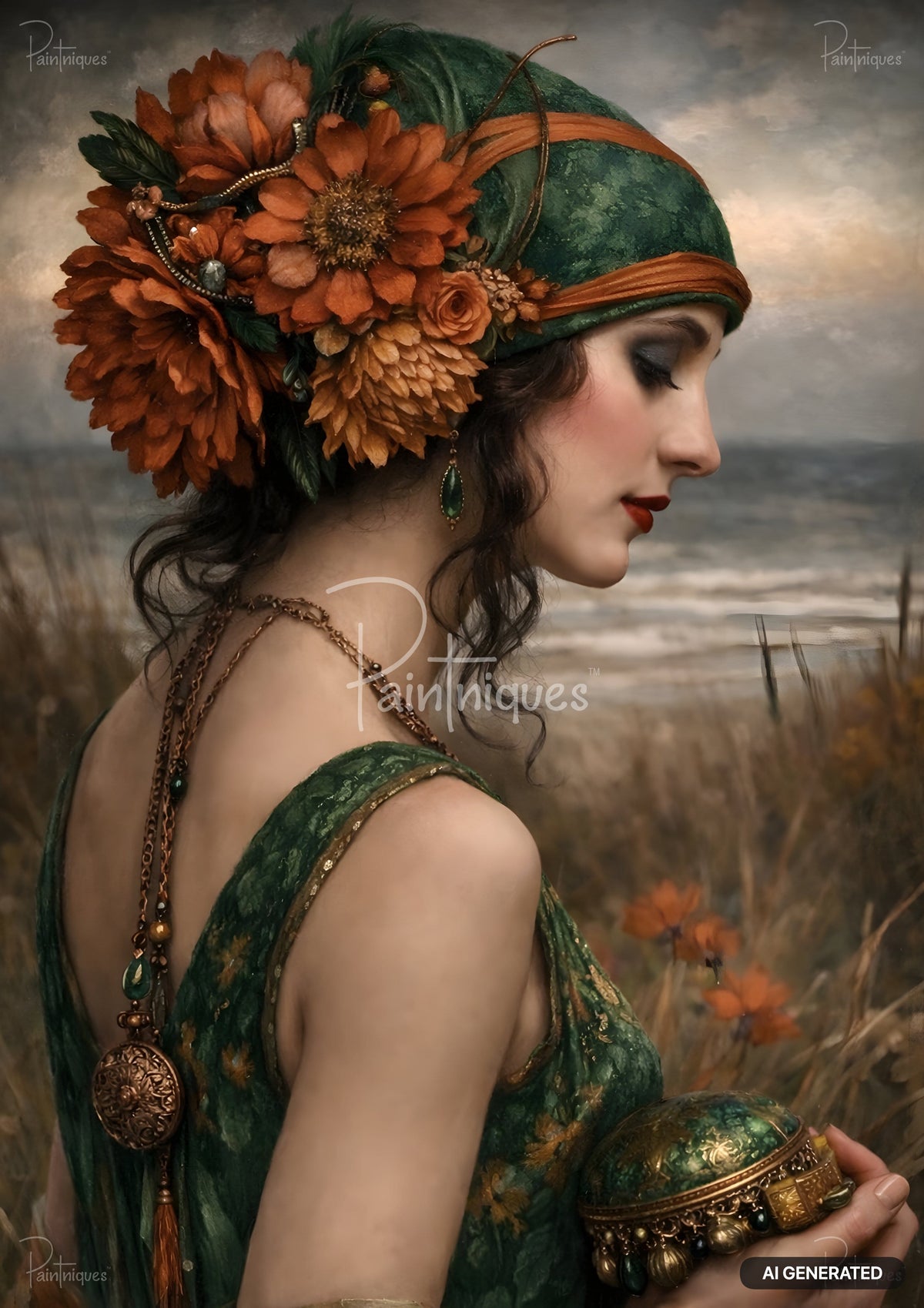 Woman in a green flapper cloche hat decorated with orange flowers, holding an ornate green box, by a sea shore.