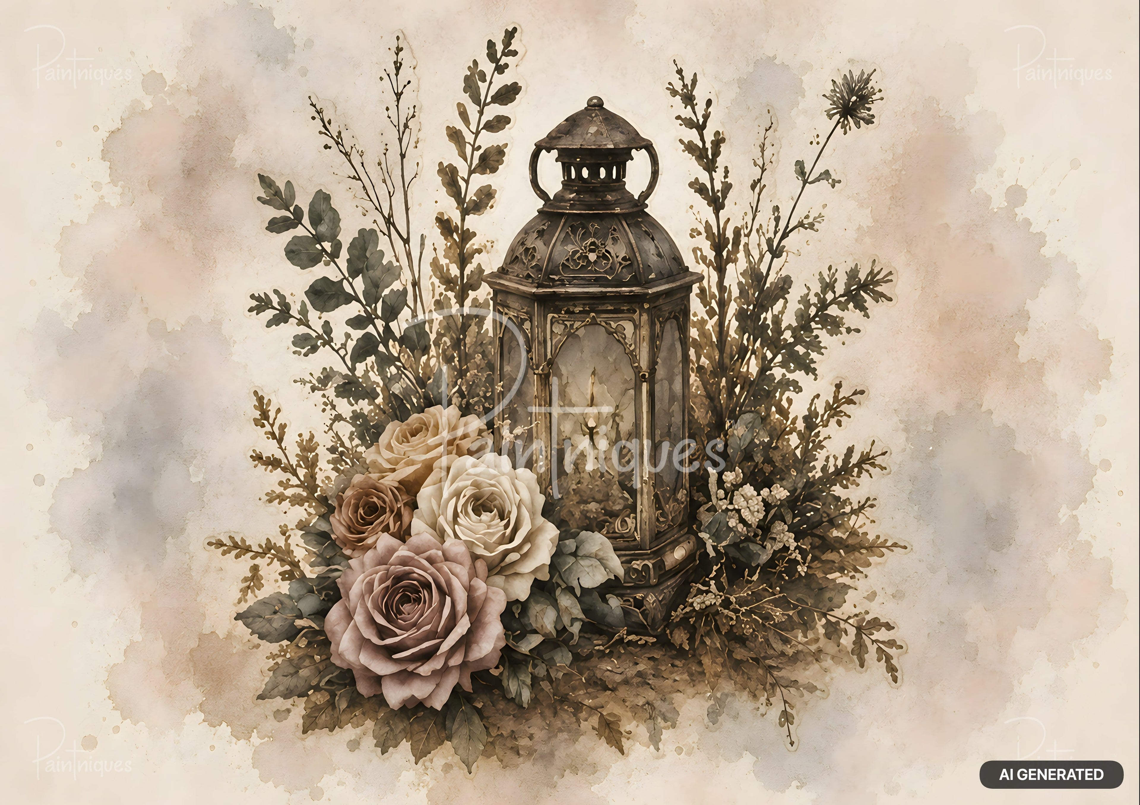 Watercolor art of a vintage lantern with leafy sprigs in various shades of brown and gray, with three roses.