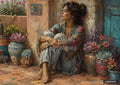 A woman with dark hair sits barefoot on a tiled floor, leaning against a textured wall with colorful potted plants and a blue door.