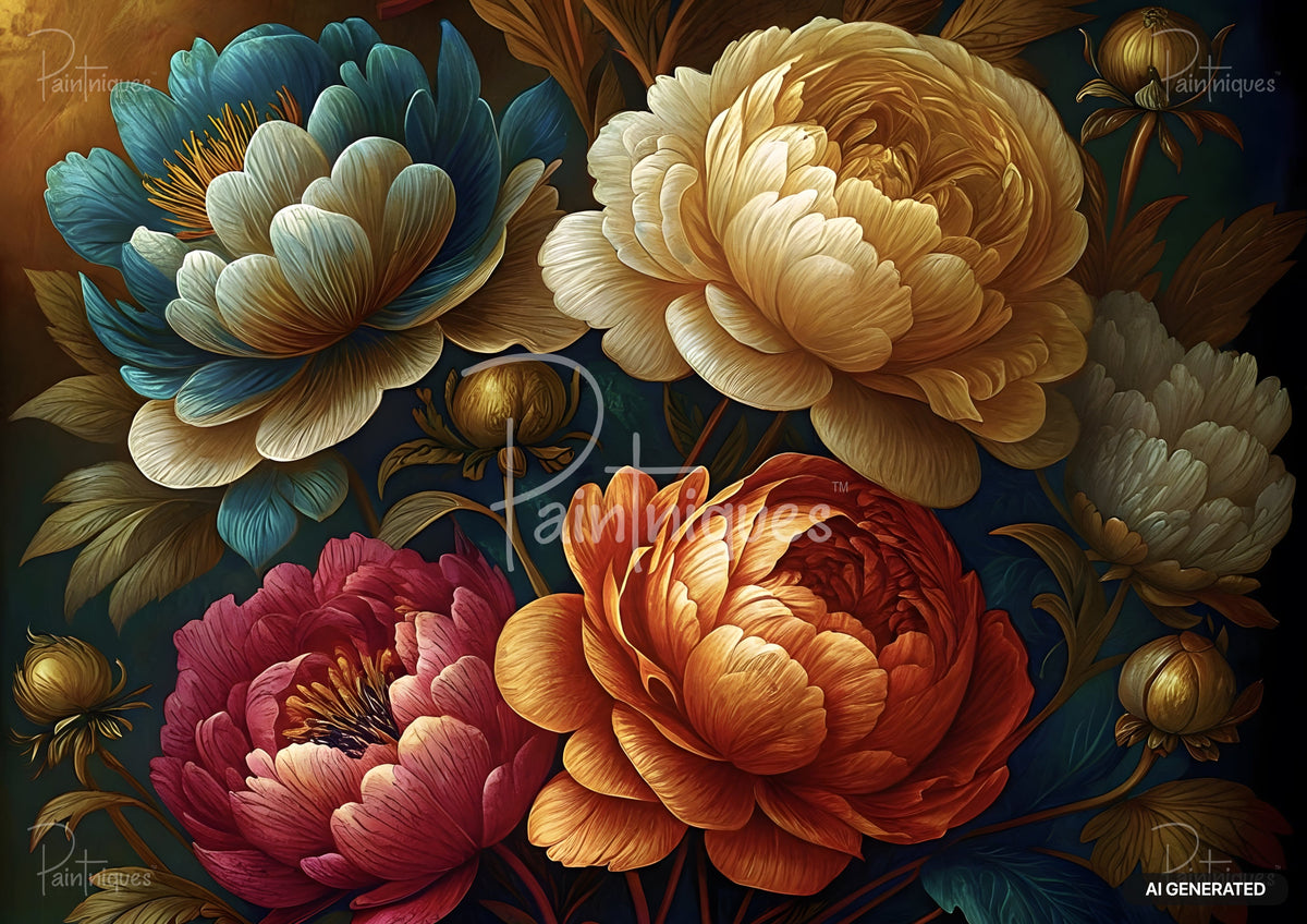 A colorful oil painting of six large stylized peonies in blue, cream, gold, deep red, and orange against a dark background.