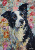 A black and white border collie with warm brown eyes, painted in bold strokes, against a floral background.