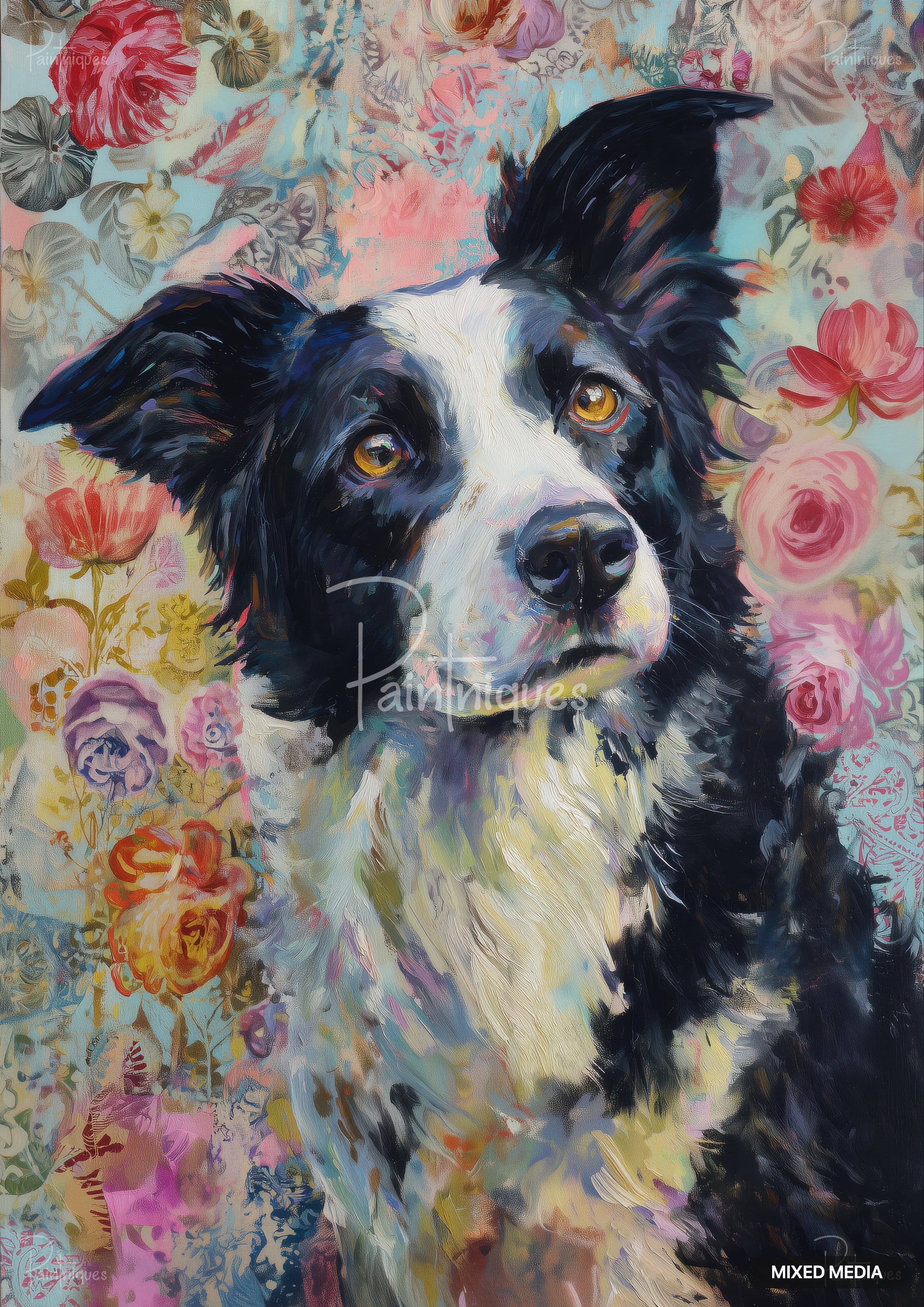 A black and white border collie with warm brown eyes, painted in bold strokes, against a floral background.