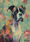 A boxer dog rendered in an impressionistic style with brushstrokes of rich color. It's set against a teal damask background.