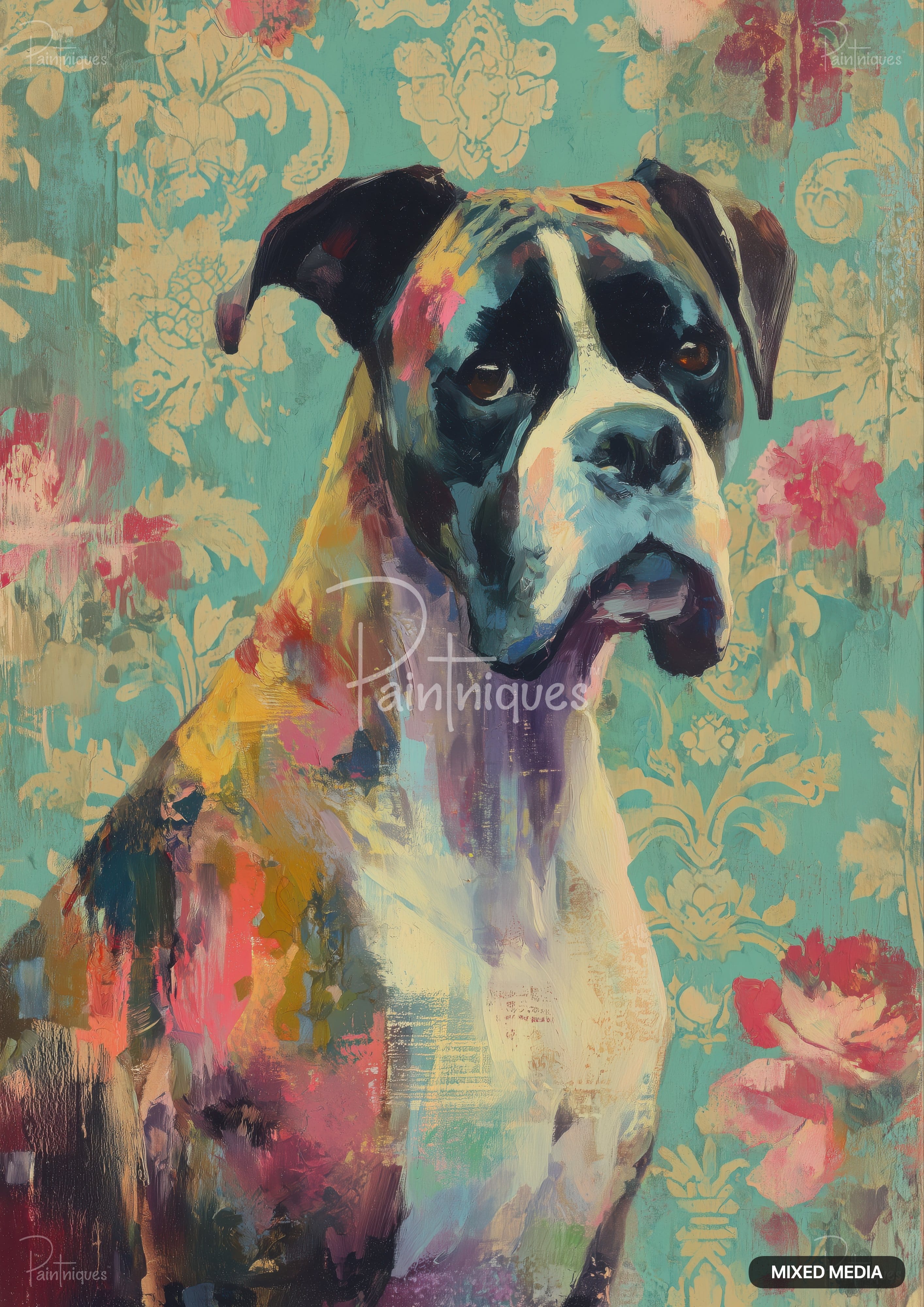 A boxer dog rendered in an impressionistic style with brushstrokes of rich color. It's set against a teal damask background.